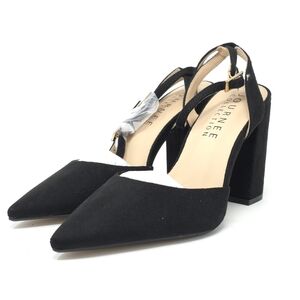 Journee Tyyra Black Vegan Suede Block Heel Pumps Wide US 6